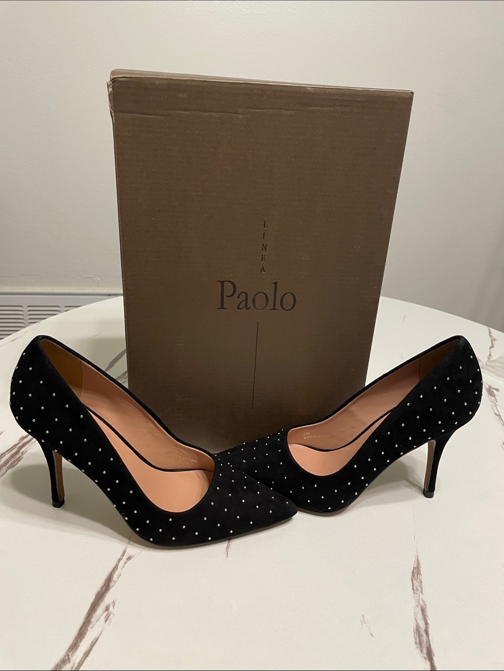 Paolo Pamila Black Suede Pointed Toe with metal Studded Pumps. New in Box Sz 5 M